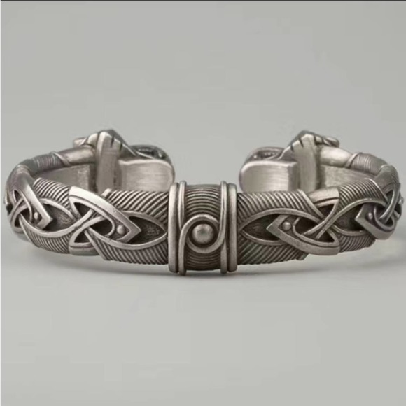 Silver Wolf Head Viking Norse Knotwork Cuff Bangle Bracelet - Picture 11 of 12